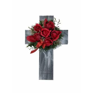 Kříž s umělou květinou v červené barvě, 40 x 26 x 17 cm